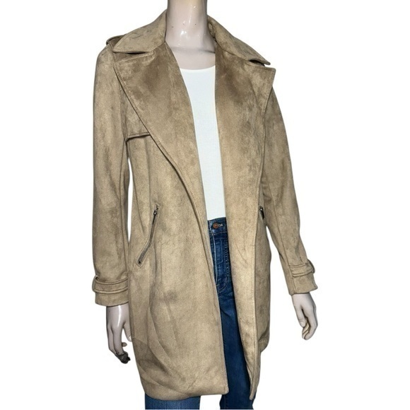 Magaschoni Women’s Size M Tan Beige Faux Suede Leather Open Cardigan Coat Jacket - Picture 1 of 9